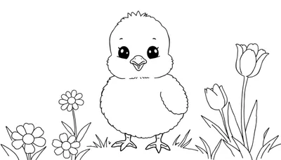 Placa de color de un pollito esponjoso en un campo de flores de margarita y tulipán.