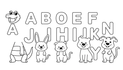 Placa de color con un alfabeto ilustrado en blanco y negro de animales y objetos.