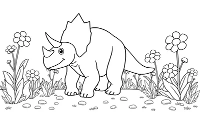 Un triceratops sonriente listo para ser coloreado en una placa de color con flores.