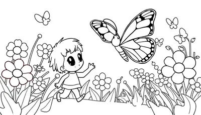 Niño corriendo hacia mariposa en un campo de flores, para colorear