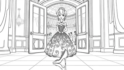 Placa de color de Cenicienta lista para el baile, con su tacón de aguja reflejado en el suelo pulido.