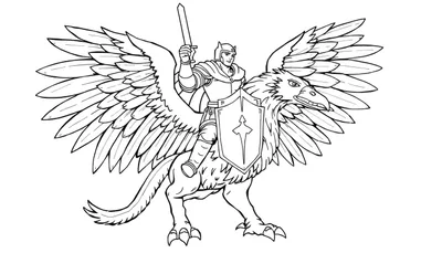 Placa de color de un caballero valiente en un grifo mágico con alas de águila y cuerpo de león.