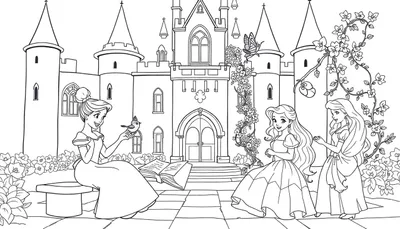 Una placa de color con un castillo mágico y princesas.