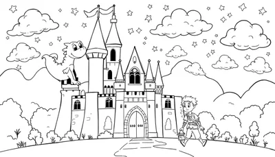 Placa de color de un castillo con un dragón amigable y un príncipe
