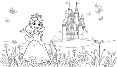 Una placa de color en blanco y negro de una princesa sonriente con corona y vestido, junto a su castillo mágico rodeada de flores y mariposas.