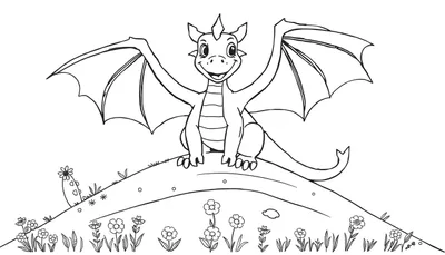 Una placa de color de un dragón amigable sentado en una colina florida.