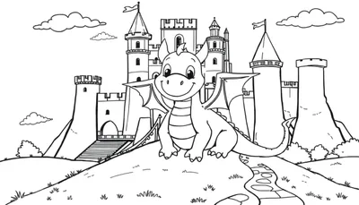 Placa de color de un dragón amigable y un castillo de fantasía.