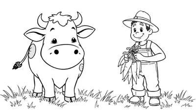 Placa de color de un granjero sonriente con un sombrero, mono y zapatos, sosteniendo zanahorias, junto a una vaca sonriente en un campo.