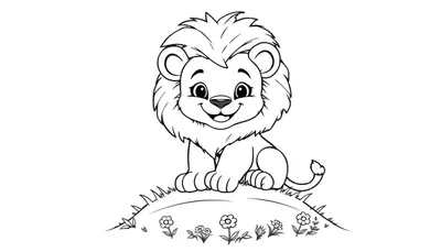 Placa de color de un león de dibujos animados amigable sentado sobre una colina con flores.