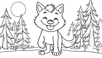 Placa de color de un lobo sonriente de dibujos animados en un bosque.