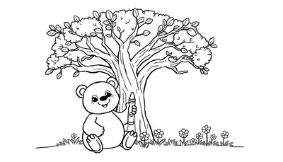 Un oso tierno coloreando un árbol con un lápiz de colores en una placa de color.