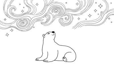 Oso polar sentado mirando las estrellas en una placa de color.