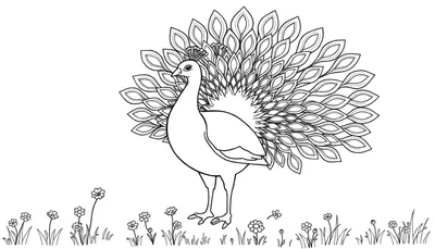 Placa de color de un pavo real con cola desplegada en un campo de flores.