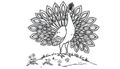Placa de color de un pavo real elegante con su cola desplegada sobre hierba.