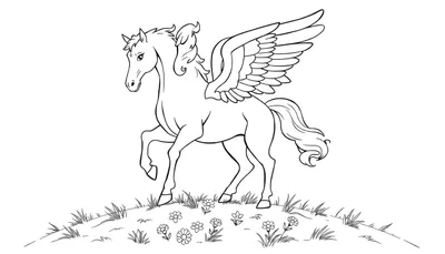 Una placa de color de un Pegaso blanco y negro con alas detalladas y una cola ondulada, parado en una colina cubierta de hierba y flores, con una pata delantera levantada.