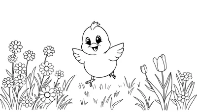 Placa de color de un pollito alegre en un campo de flores.