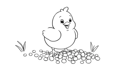 Pollito de dibujos animados en blanco y negro sobre una placa de color con hierba.