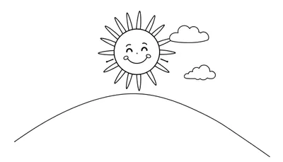 Una placa de color con un sol sonriente en una colina.