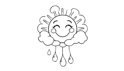 Placa de color de un sol sonriente con nubes y lluvia.