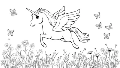 Placa de color de un unicornio con alas volando entre flores.