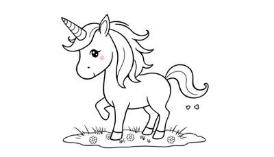 Placa de color de un unicornio mágico con crin flotante y estrella en el cuerno, sobre hierba y flores.