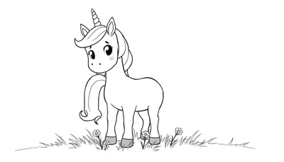 Placa de color de un unicornio de dibujos animados con cuerno, melena larga y ojos brillantes en un prado.