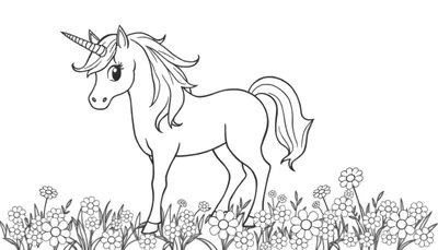 Placa de color de un unicornio blanco y negro rodeado de flores.