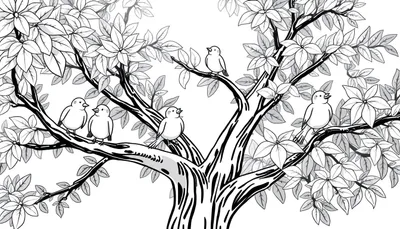 Placa de color de un árbol con pájaros cantando