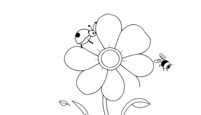 Placa de color: Una linda mariquita sonriente en una flor de primavera con una abeja volando.