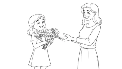 Placa de color de una niña dando flores a su madre sonriente.