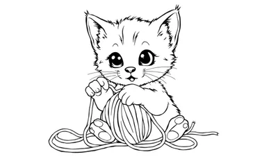 Placa de color de un gatito juguetón con un ovillo de lana.