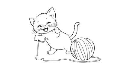Placa de color para colorear: un gatito feliz jugando con una bola de lana.