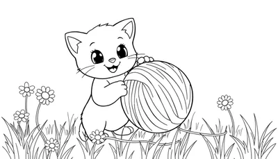 Placa de color de un gatito adorable jugando con lana, rodeado de flores silvestres.