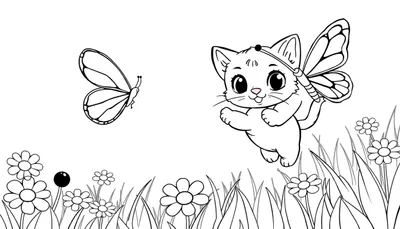 Placa de color de un gatito saltando tras una mariposa entre flores.