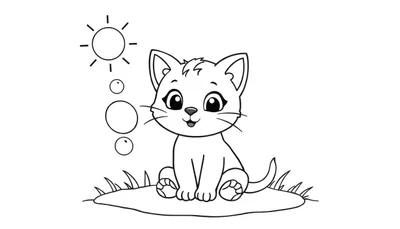 Placa de color de un gatito bonito soplando burbujas en un día soleado.