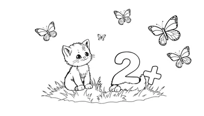 Placa de color: gatito aprendiendo a sumar con mariposas.