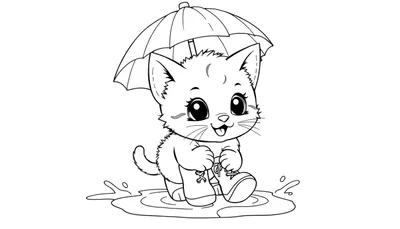 Un gatito feliz con botas de agua y paraguas en una placa de color para colorear.