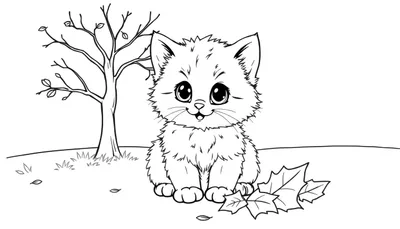 Placa de color de un gatito adorable sentado entre hojas de otoño.