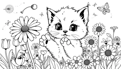 Placa de color de un gatito juguetón entre flores.