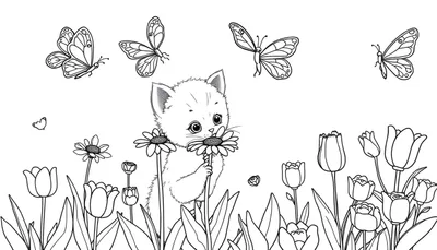 Un gatito jugando con una margarita en un jardín, listo para colorear en esta placa de color.