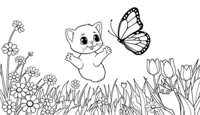 Placa de color con un gatito persiguiendo una mariposa entre margaritas y tulipanes.