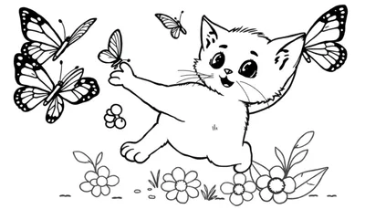 Placa de color de un gatito persiguiendo mariposas entre flores.