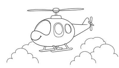 Helicóptero amigable de placa de color volando entre nubes.
