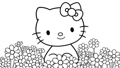 Placa de color de Hello Kitty sonriendo rodeada de flores.