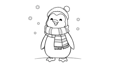 Placa de color de un pingüino amigable con gorro y bufanda en la nieve.