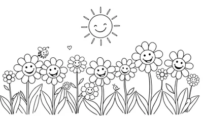 Placa de color de un sol sonriente sobre flores sonrientes.