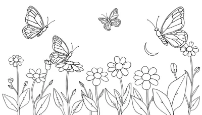 Placa de color de un jardín con mariposas y una luna creciente.