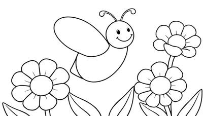 Placa de color de una abeja amigable y flores para colorear.
