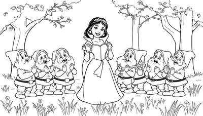 Dibujo para colorear de Blancanieves rodeada por los Siete Enanitos en un bosque, todos sonriendo y algunos tocando música.