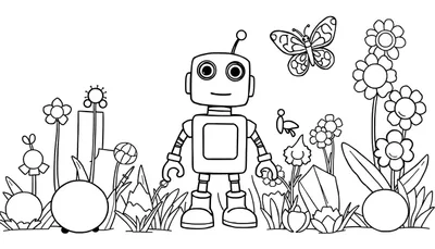Placa de color: Un robot amigable en un jardín